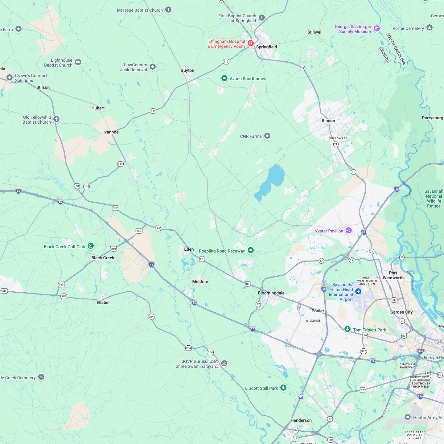 Mapa da região de Guyton e Savannah com 25 pontos de pesquisa marcados.
